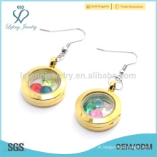 Última rodada de design de ouro liso 316l aço inoxidável flutuante jóias brincos locket